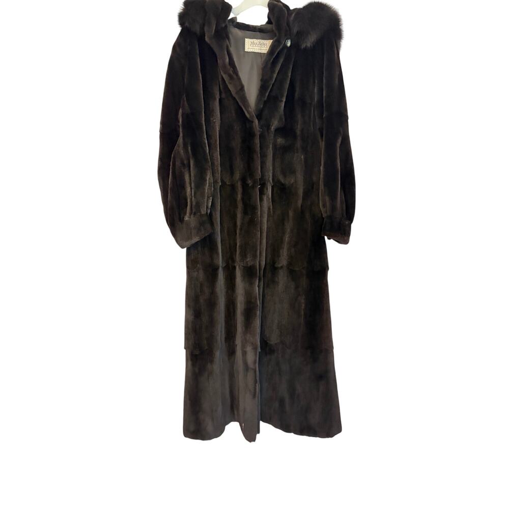 VTG Max Zeller Furrier long black sheared mink coat hood. luxury fur coat. Sz XL